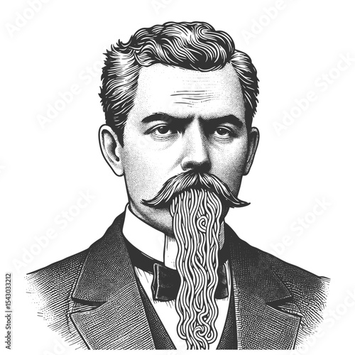 serious man in formal clothing with spaghetti flowing from his mouth in surreal fashion sketch engraving generative ai fictional character vector illustration. Scratch board. Black and white image.