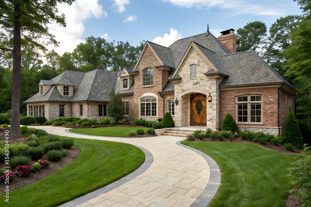 Luxurious Stone Mansion with Brick Driveway and Lush Landscape Luxurious Stone Mansion with Brick Driveway and Lush Landscape