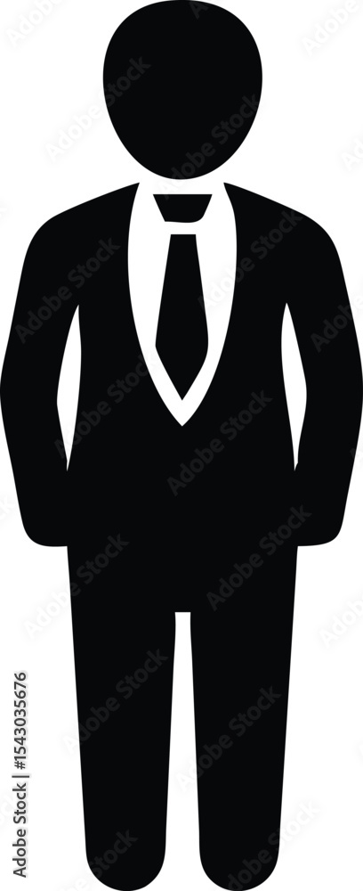 Dynamic black silhouette vector icon of a professional businessman in suit and tie on white background, perfect for corporate branding, office graphics, and executive UI elements Dynamic black silhouette vector icon of a professional businessman in suit and tie on white background, perfect for corporate branding, office graphics, and executive UI elements