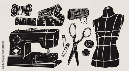 Sewing equipment, tools, accessories set. Mannequin, threads, needles, scissors, buttons, sewing machine, ruler. Monochrome trendy style. Hand drawn Vector illustration. Isolated design elements