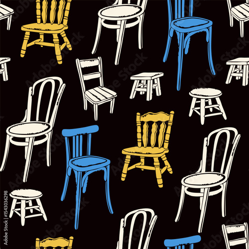 Various Chairs, furniture set. Traditional, elegant dining setting, tall short chair, stool, wood decor. Different positions. Hand drawn Vector illustration. Wooden aesthetic. Square seamless Pattern