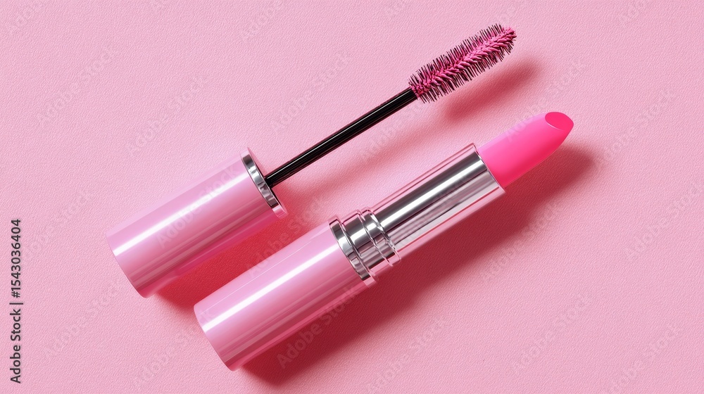 Pink Lipstick and Mascara on Pink Background Pink Lipstick and Mascara on Pink Background