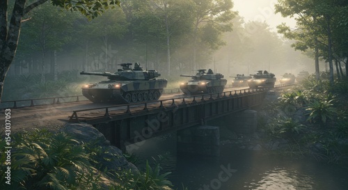 Tanks crossing bridge in morning combat formation
