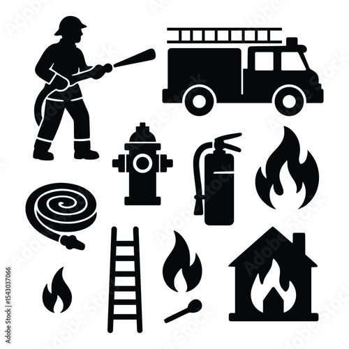 Firefighter and Fire Safety Silhouette Icon Set