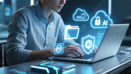 Man typing on laptop with ai cloud security folder and printer icons overlayed on the screen display