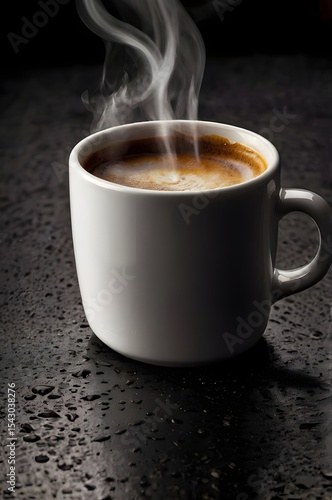 Close-up of Steaming Hot Coffee in White Mug on Wet Dark Surface