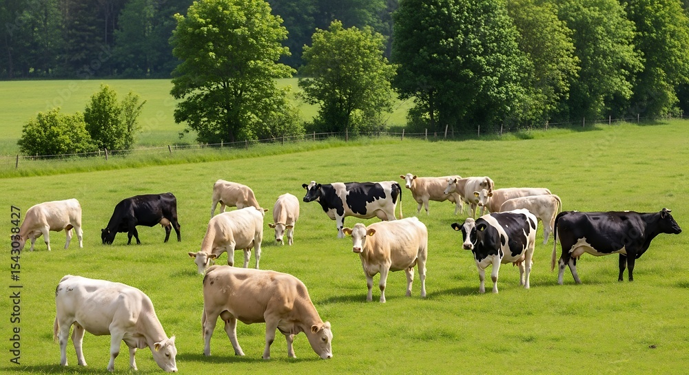 Fototapeta premium Cows grazing in green pasture