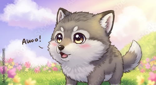 可愛い子犬狼 輝く草原で元気よく遊ぶ. AI Generated
