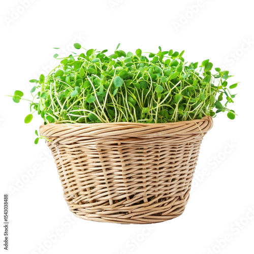 Green pea sprouts in a woven basket isolated on a white background, green pea sprouts in basketisolated on white background
