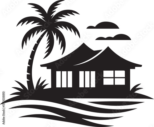 Beach Tropical House with Palm Trees Silhouette  Vector Icon