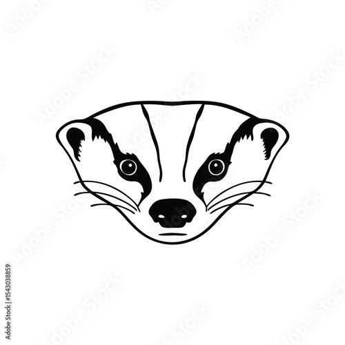 A bold badger's face stares forward in stark black and white simplicity drawing