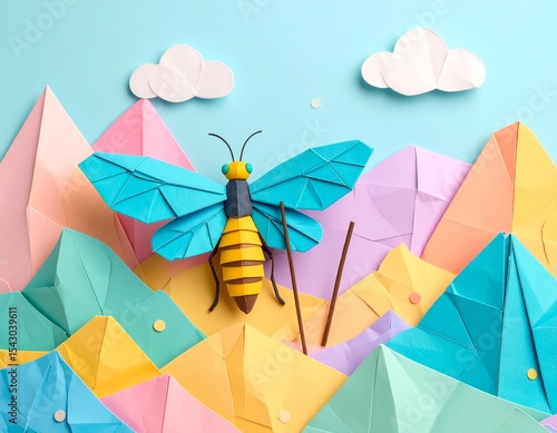 A handcrafted origami papper explorer buterfly with a rolled map and walking stick, crawling across pastel terrain shaped like abstract origami rocks