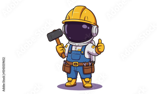 Happy Astronaut Construction Worker Cartoonfeaturing an astronaut wearing a yellow hard hat and blue overalls, holding a hammer and giving a positive thumbs-up gesture.