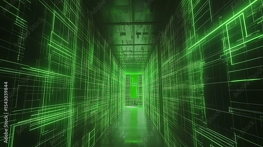 Obraz premium Futuristic green corridor with glowing lines