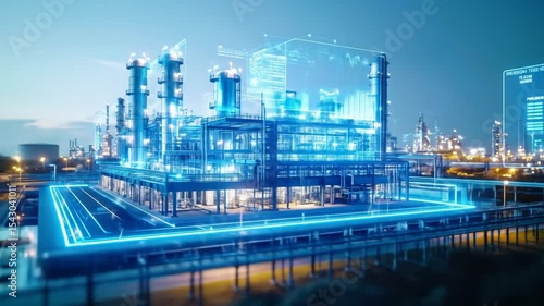 Industrial Plant At Twilight With Digital Overlay