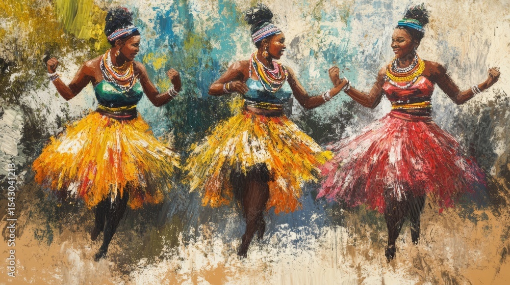 Fototapeta premium Three women in vibrant traditional attire dancing with expressive movements against a colorful abstract background.