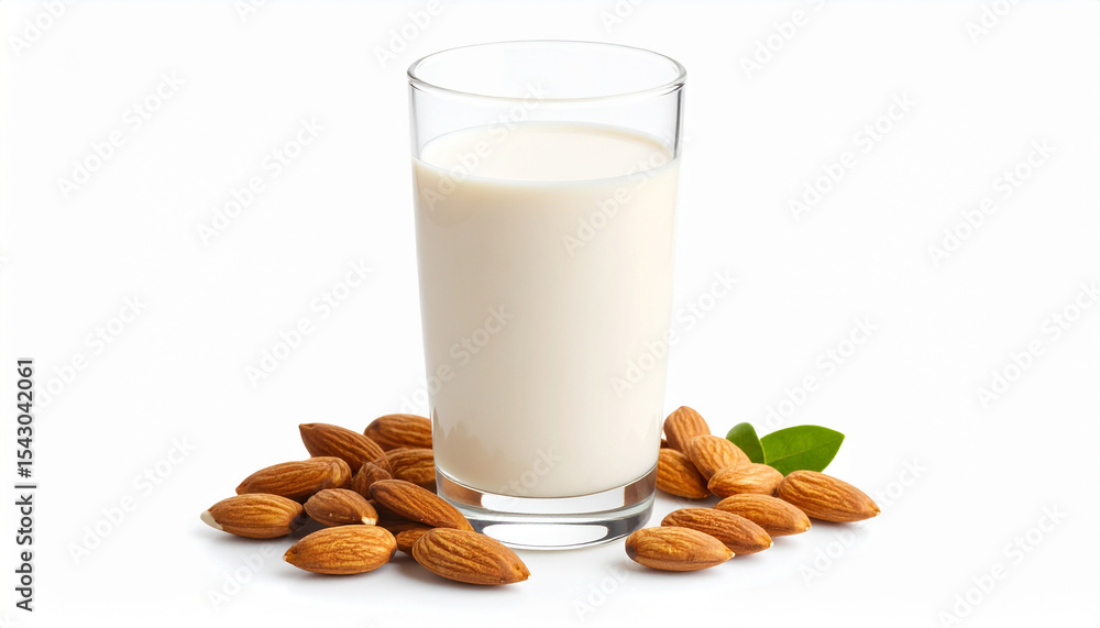 Almond Milk in Glass with Almonds – Plant-Based Drink on White Background in Clean Food Style Almond Milk in Glass with Almonds – Plant-Based Drink on White Background in Clean Food Style