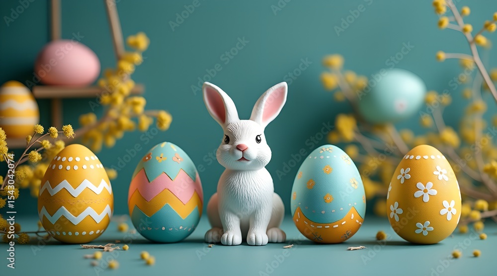 Easter bunny with decorated eggs and mimosa flowers Easter bunny with decorated eggs and mimosa flowers