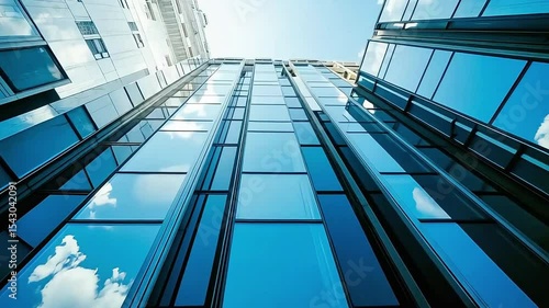 Time lapse Low angle of tall corporate buildings skyscraper with reflection of clouds among high buildings and glass elevator in building center