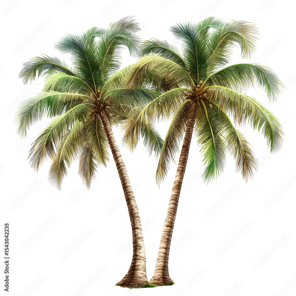 Fototapeta premium Coconut trees stand tall with lush green fronds on a clean Transparent background perfect for design purposes, coconut trees isolated on PNG background Realistic PNG background