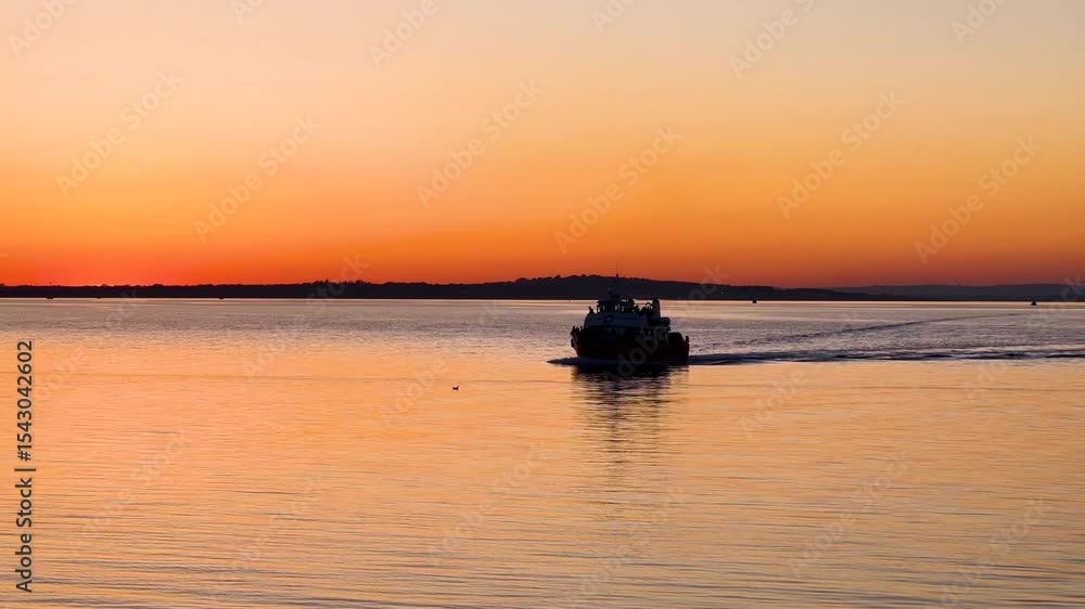 Silhouetted boat glides home across calm orange sea under a glowing sunset sky and peaceful evening light Silhouetted boat glides home across calm orange sea under a glowing sunset sky and peaceful evening light