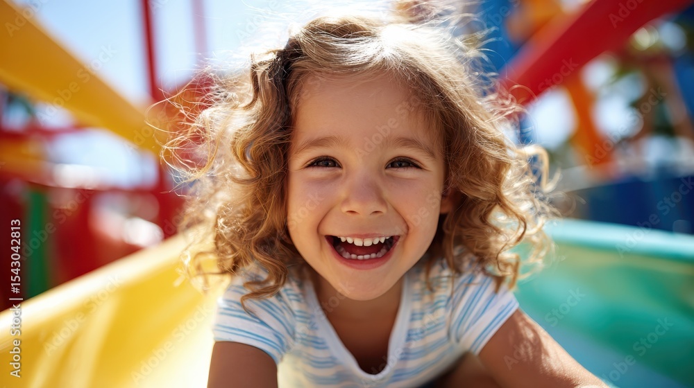 A joyful young child smiles brightly while joyfully playing on a colorful slide at a playground, capturing the essence of childhood with pure happiness and carefree spirit. A joyful young child smiles brightly while joyfully playing on a colorful slide at a playground, capturing the essence of childhood with pure happiness and carefree spirit.