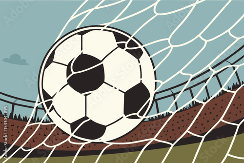Soccer ball hitting the net during goal in large stadium with crowd