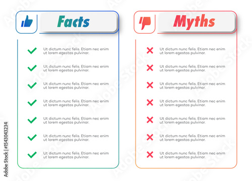 Facts and Myths card template trendy style on white background. Fact checking or easy compare evidence. Concept illustration Vector 10 eps