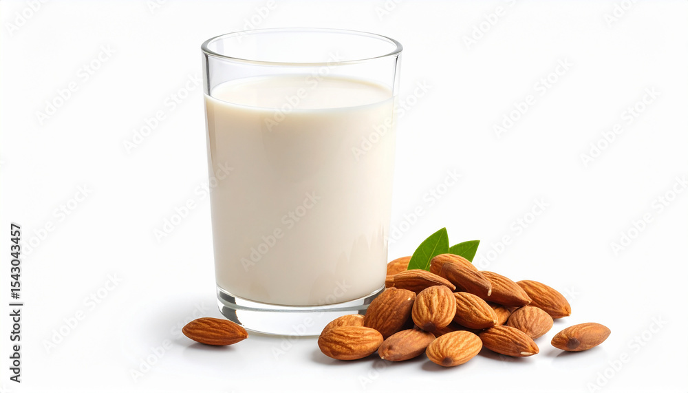 Almond Milk in a Glass with Almonds on White Background: Perfect for Adobe Stock Almond Milk in a Glass with Almonds on White Background: Perfect for Adobe Stock
