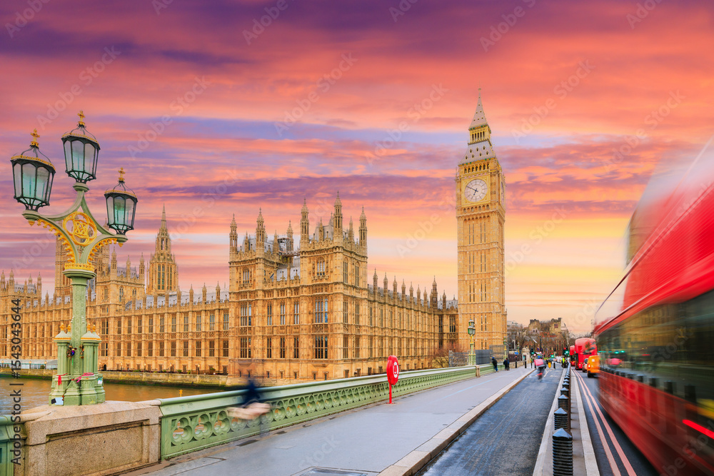 Fototapeta premium London, England, UK. The Palace of Westminster, Big Ben and Westminster Bridge at sunrise.