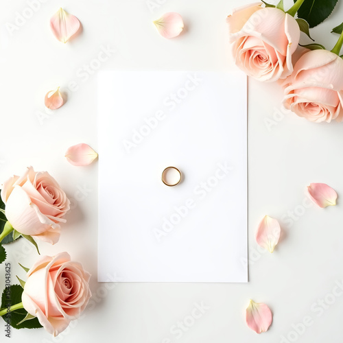 Wedding Invitation Flatlay with Pink Roses and Gold Ring on White Background

