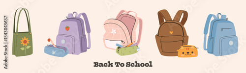 Set of different school backpack and schoolbag. Collection of colorful children bags with stationary, textbooks. Back to school concept vector illustration isolated on white background.