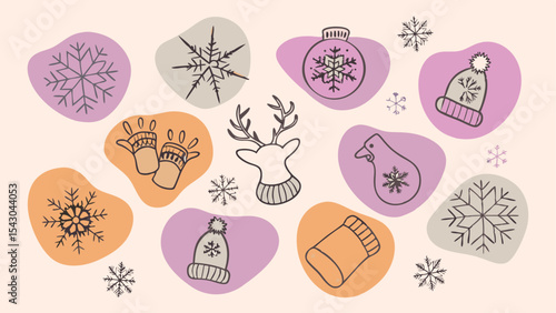 Winter themed doodle pattern with snowflakes, reindeer, hats, mittens and a penguin on pastel shapes