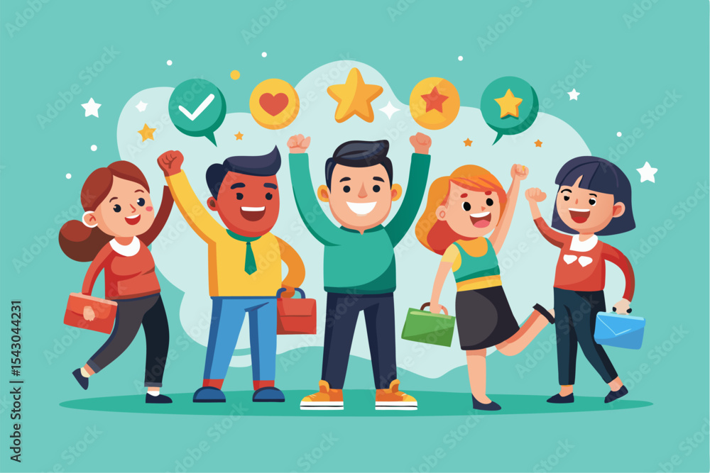 A flat vector illustration of five business people holding large golden stars, symbolizing teamwork, customer satisfaction, five-star ratings, and positive reviews. A flat vector illustration of five business people holding large golden stars, symbolizing teamwork, customer satisfaction, five-star ratings, and positive reviews.