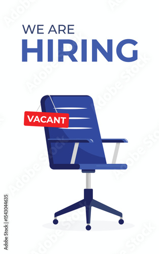 A blue chair with a vacant tag and the we are hiring text above. Reels/Story for business, marketing, and advertising. Vector illustration