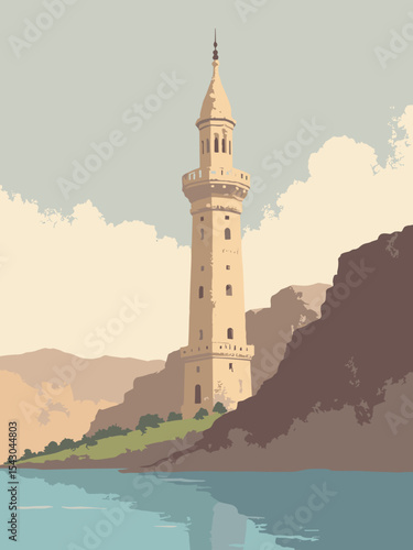 Afghanistan - Minaret of Jam, Band-e Amir, Buddhas of Bamiyan in minaret sandstone, lake blue, cliff brown, and sky grey