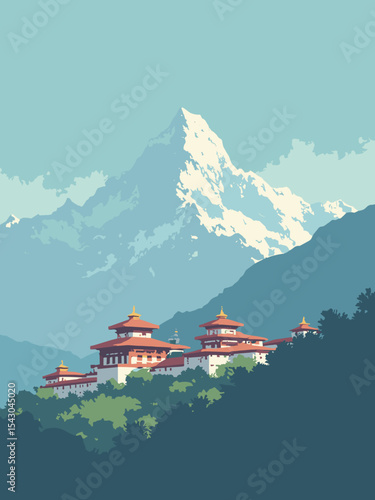 Nepal - Mount Everest, Kathmandu Temples, Annapurna Circuit in summit white, temple red, circuit green, and sky blue