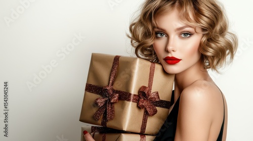 Wallpaper Mural Glamorous Gift: A stunning woman with a chic bob haircut and bright red lipstick holds two elegant, gold-wrapped gifts, exuding sophistication and holiday cheer.  Torontodigital.ca