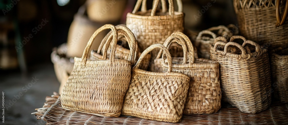 Obraz premium Woven straw bags, various sizes and patterns