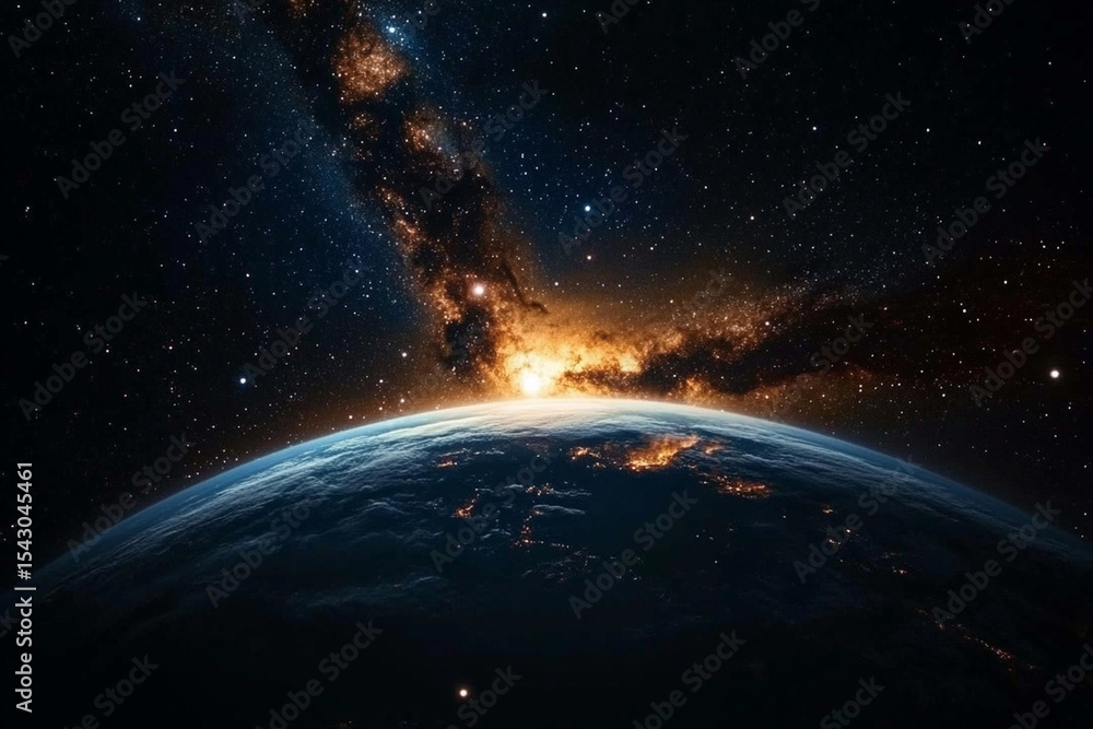 Obraz premium Distant galaxy with spiraling arms illuminating the cosmos over Earth’s horizon at dusk