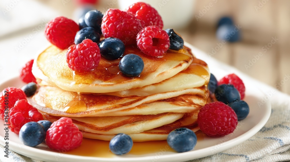 A mouthwatering stack of golden pancakes is topped with fresh raspberries and blueberries, creating a delightful and appetizing display for breakfast lovers. A mouthwatering stack of golden pancakes is topped with fresh raspberries and blueberries, creating a delightful and appetizing display for breakfast lovers.