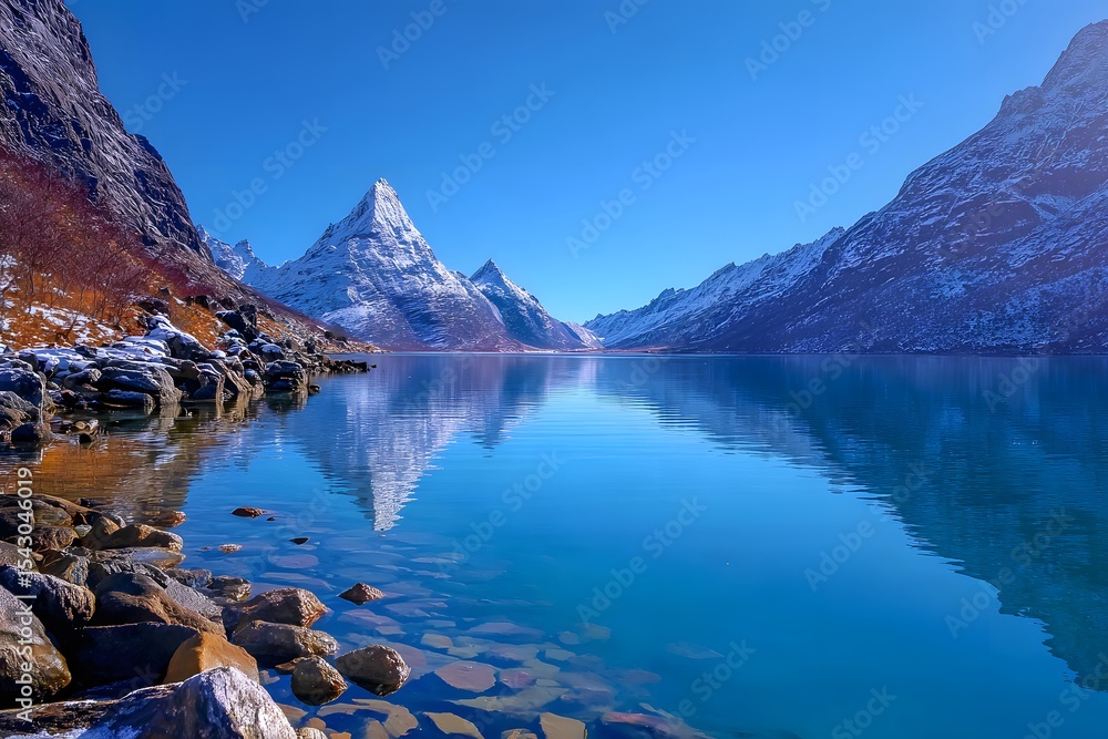 Obraz premium Stunning reflection of snow-capped mountains in serene lake norway nature photography clear day peaceful landscape