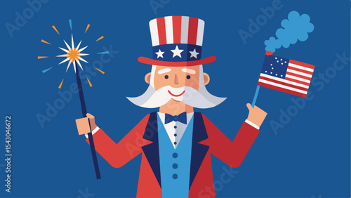 Illustration of uncle sam holding a sparkler and an american flag on a blue background design