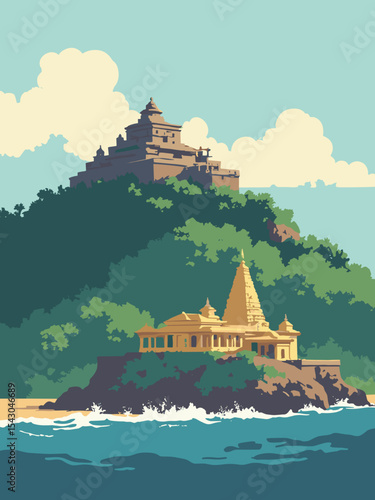 Sri Lanka - Sigiriya Rock Fortress, Temple of the Tooth, Galle Fort in jungle green, temple gold, rock brown, and ocean blue