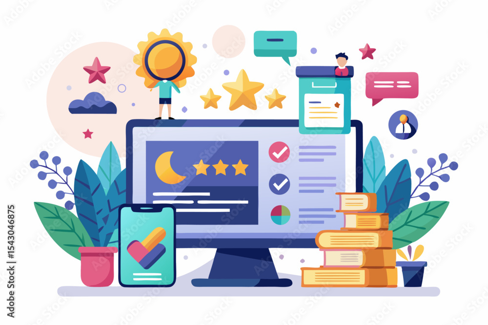 A flat vector illustration of five business people holding large golden stars, symbolizing teamwork, customer satisfaction, five-star ratings, and positive reviews. A flat vector illustration of five business people holding large golden stars, symbolizing teamwork, customer satisfaction, five-star ratings, and positive reviews.