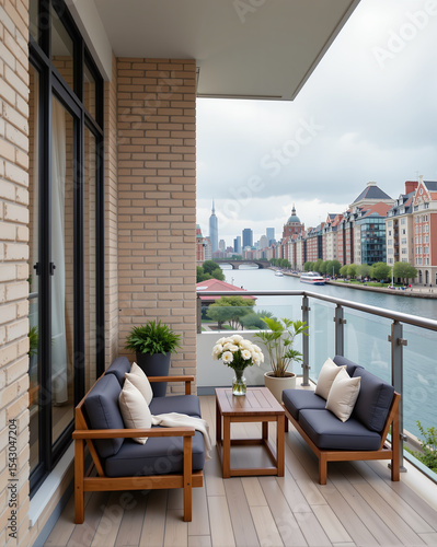 Modern balcony with city river view and elegant seating area