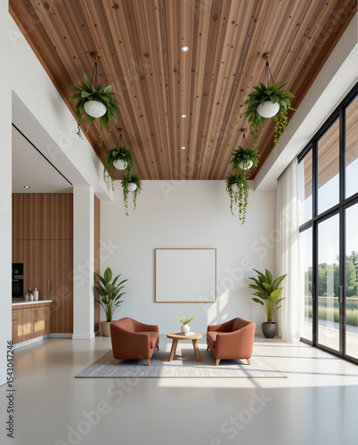 Modern lounge with wooden ceiling and indoor plants