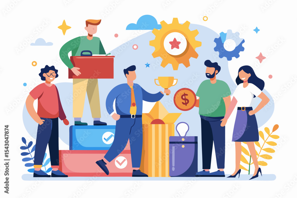 A flat vector illustration of five business people holding large golden stars, symbolizing teamwork, customer satisfaction, five-star ratings, and positive reviews. A flat vector illustration of five business people holding large golden stars, symbolizing teamwork, customer satisfaction, five-star ratings, and positive reviews.