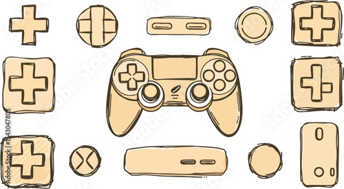 Hand-drawn sketch in natural earth tones illustrating a video game controller button set collection line art vector icon for games and websites
