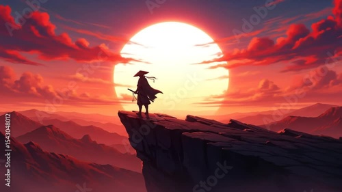 Samurai Sunset. Epic Anime Warrior Silhouette Live Wallpaper - Red Sky Mountain Landscape with Dynamic Clouds & Golden Hour Glow